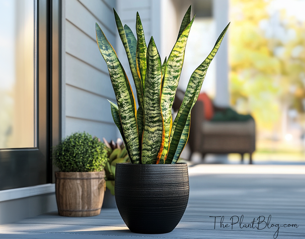 snake plant in pot on porch